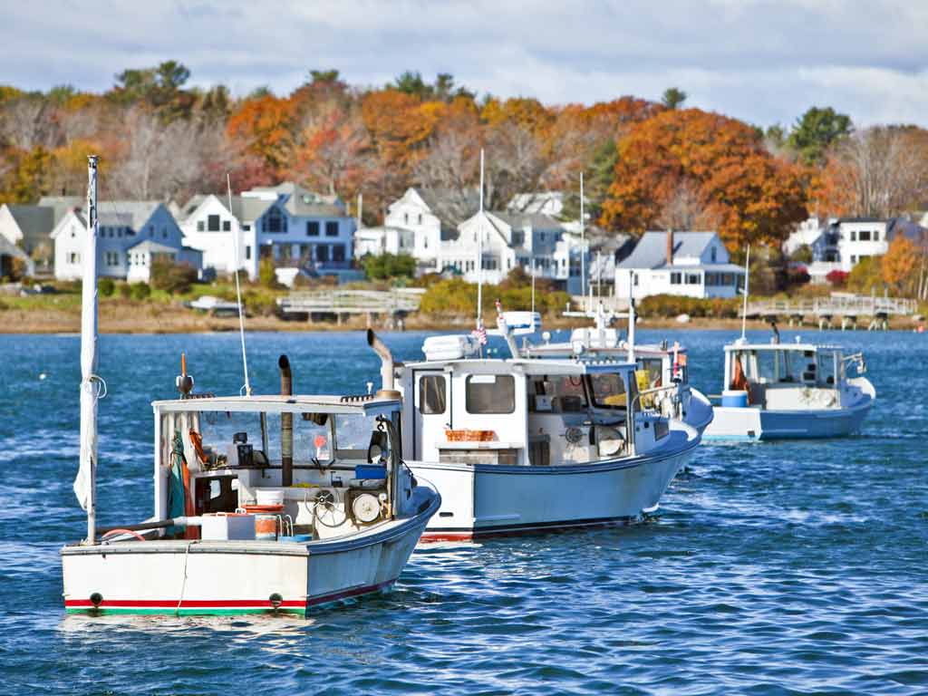 A beautiful view of several Maine fishing charters on a bright fall day