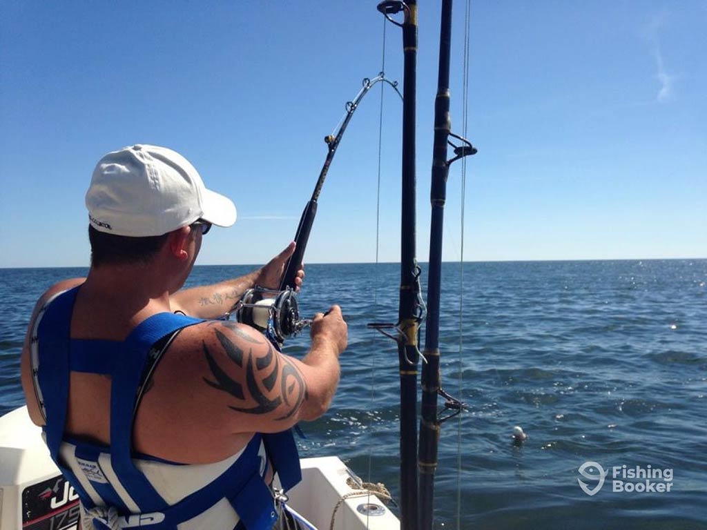 A view from behind of an angler struggling with some heavy-duty fishing gear offshore in Maine on a clear summer's day